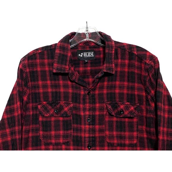 XXX Rude Flannel 2 Pocket Plaid Button Shirt Mens S Skater Grunge Lumberjack Y2K - Picture 3 of 9